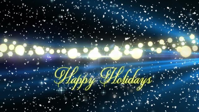 Animation of happy holidays text over snow falling and light spots