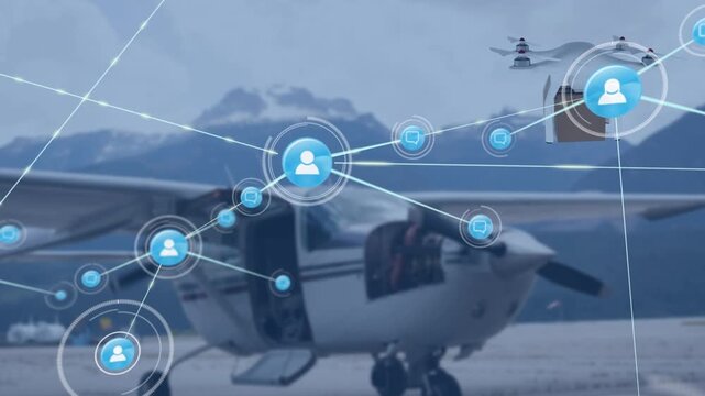 Network of digital icons and drone carrying a delivery box against plane parked in an airport