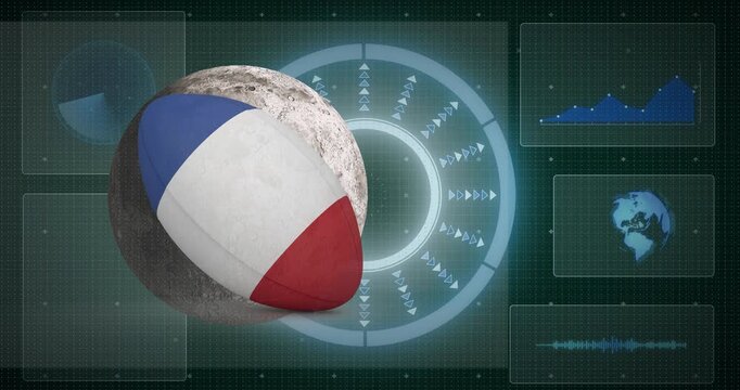 Animation of globe with graphs and data processing over legs of male soccer player on stadium