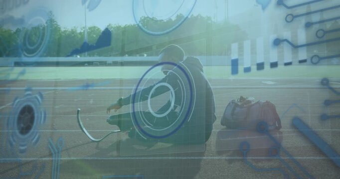 Animation of data processing over disabled african american male runner