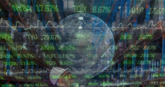Stock market data processing over glob against caucasian male worker at warehouse