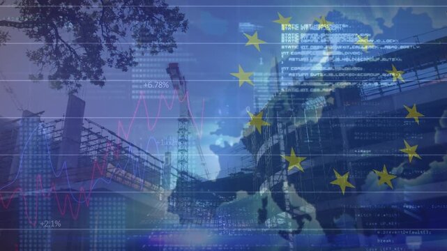 Animation of financial data and graphs over eu flag and construction site