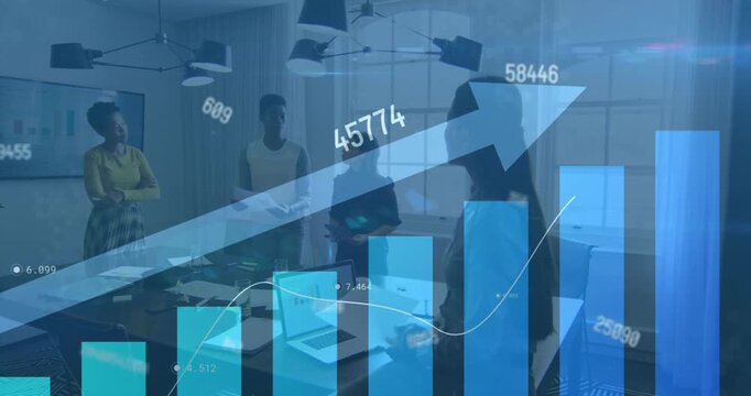 Animation of financial data and graphs over diverse coworkers in office