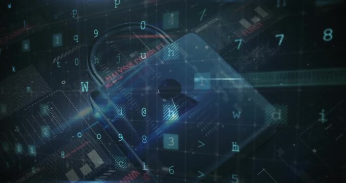 Animation of network of connections with padlock security icons over binary coding