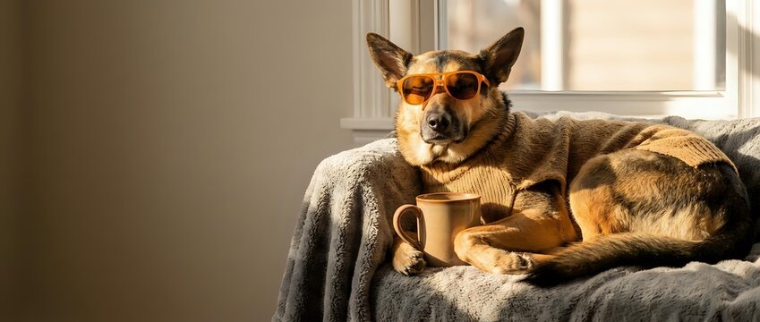 Mixed breed dog relaxing on gray sofa in sunlit living room. Cozy pet lifestyle scene for home decor and animal wellness content.