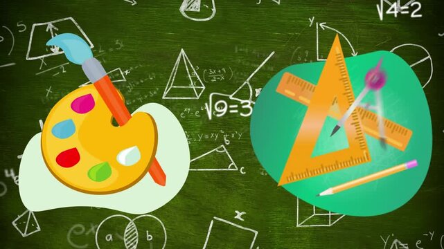 Animation of school items over mathematical drawings