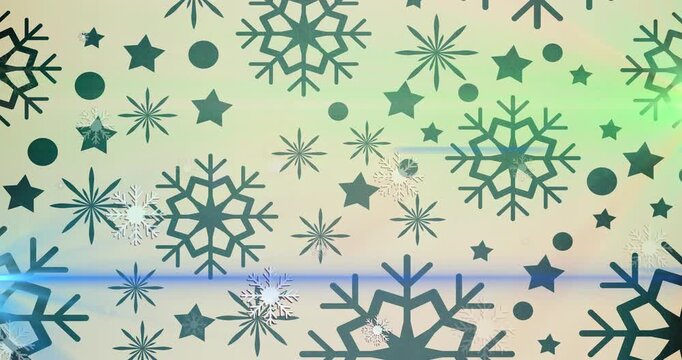 Animation of glowing light over christmas snowflakes falling