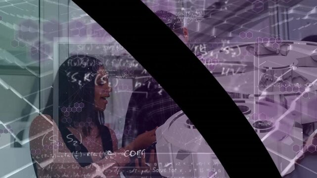 Animation of black shape over diverse coworkers, math formulas and laboratory machines