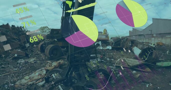 Animation of infographic interface over low angle view of scrap shearing machine in scrap yard