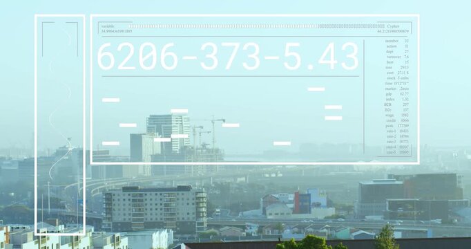 Animation of interface with data processing against aerial view of cityscape
