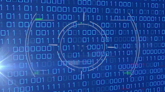 Animation of circles over looping binary codes and lens flares against blue background