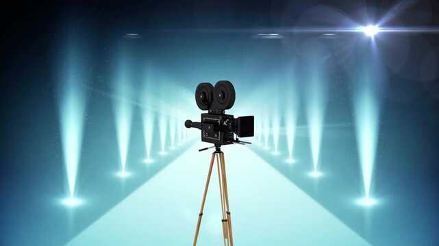 Animation of video camera on carpet and illuminated lights moving on abstract background