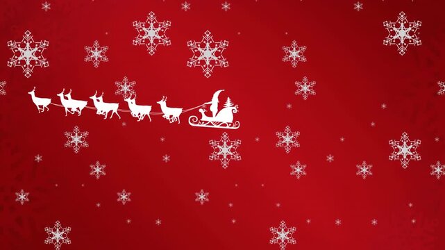 Animation of snowflakes over santa claus in sleigh pulled by reindeers against red background