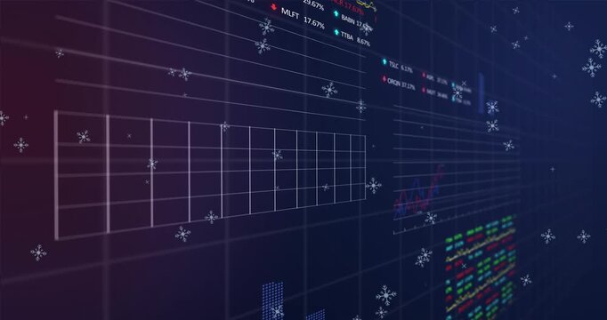Animation of multiple graphs with changing numbers and trading boards over black background