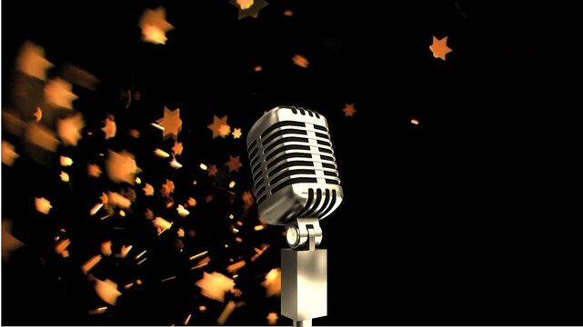 Animation of microphone over golden star icons falling against black background with copy space
