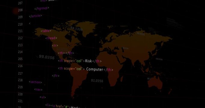 Animation of multicolored computer language and map over black background