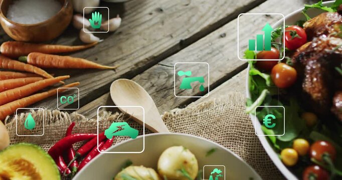 Green info icons appearing near spoon, drifting right, clustering over salad, showing food impact