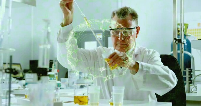 Chemist pipetting yellow liquid at lab bench, raising pipette, forming green halo over cups to test