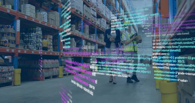 Warehouse worker scanning racking with tablet, causing AR overlay moving around pair for audit