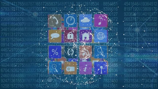 Animation of rotating globe and cube made of icons over numbers and network of connections