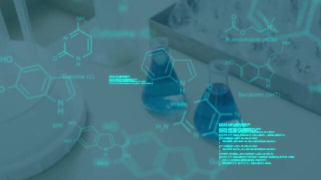 Animation of data processing and chemical formula over empty lab