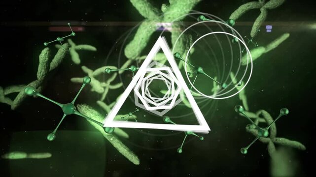 Animation of triangle and falling molecules over dark background