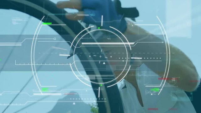 Animation of viewfinder over midsection of caucasian female biker with bike