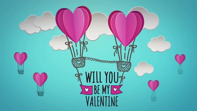 Animation of heart icons and will you be my valentine text on blue background