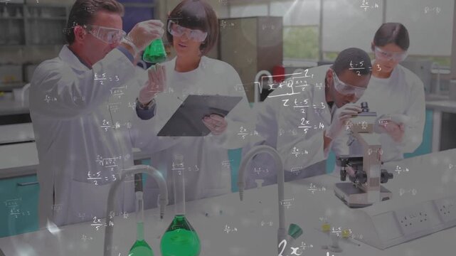 Animation of mathematical equations over diverse scientist in lab cityscape