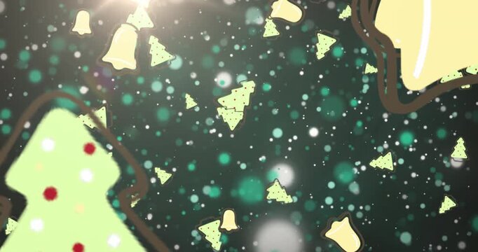 Animation of christmas bells and trees falling over black background with lights