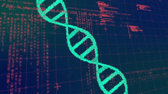 Animation of data processing over 3d dna strand spinning