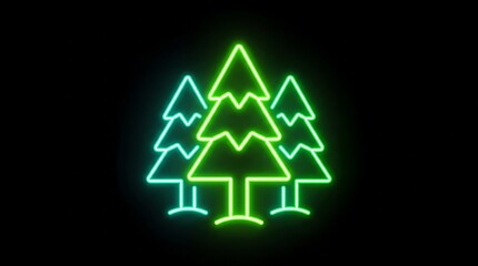 Fototapeta premium Neon Forest Icon: A vibrant neon sign of three stylized fir trees glows brightly against a dark background, embodying the concept of nature and environment.