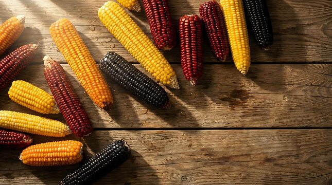 Colorful corn cobs in yellow, red, orange and purple varieties scattered on rustic wooden background for autumn harvest and agricultural themes.