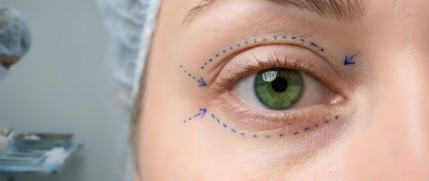 Close-up of Caucasian woman's green eye with surgical markings for blepharoplasty eyelid surgery procedure in medical clinic setting.