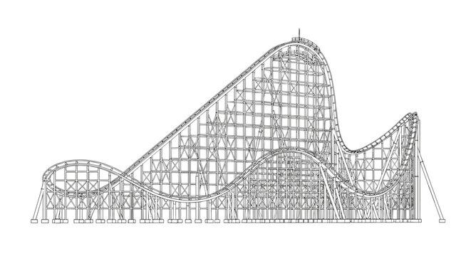 This intricate architectural line drawing depicts the complex wooden support structure and winding tracks of a classic roller coaster against a stark white background.