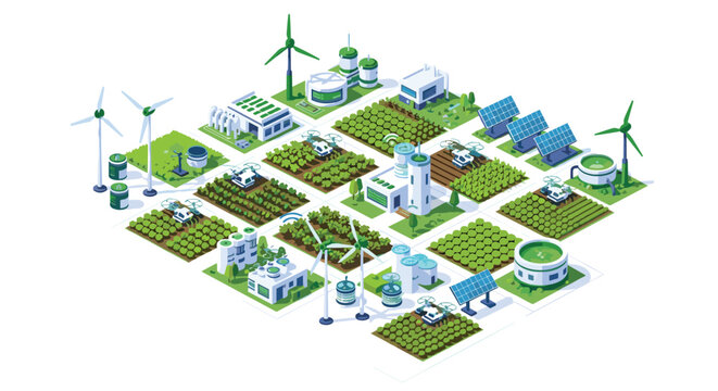 A sophisticated isometric smart farm layout showcases automated drones hovering over diverse crop fields integrated with renewable energy sources and storage systems.