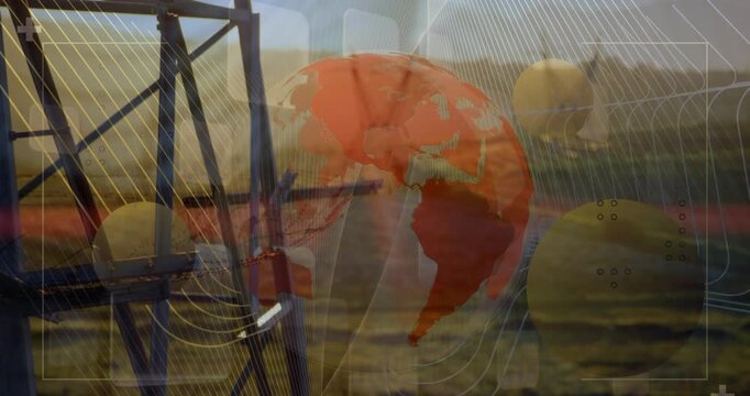 Animation of financial graphs and globe over electricity poles at sunset