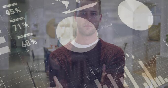 Statistical data processing over portrait of caucasian man smiling at office