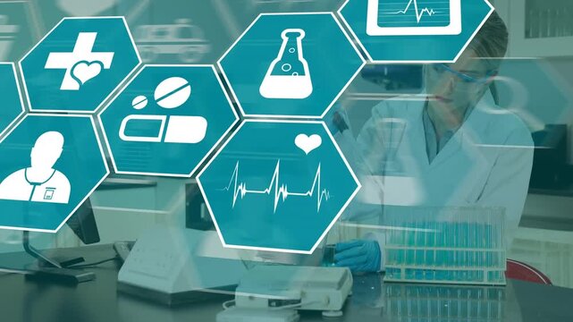 Animation of hexagons with chemical icons over caucasian female lab worker with samples
