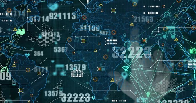 Animation of numbers, icons and world map over navy background