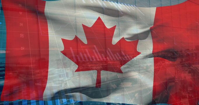 Animation of statistical data processing over canada flag against aerial view of cityscape