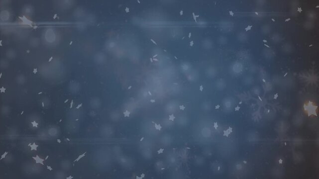 Animation of snowflakes and star icons floating with copy space against blue background