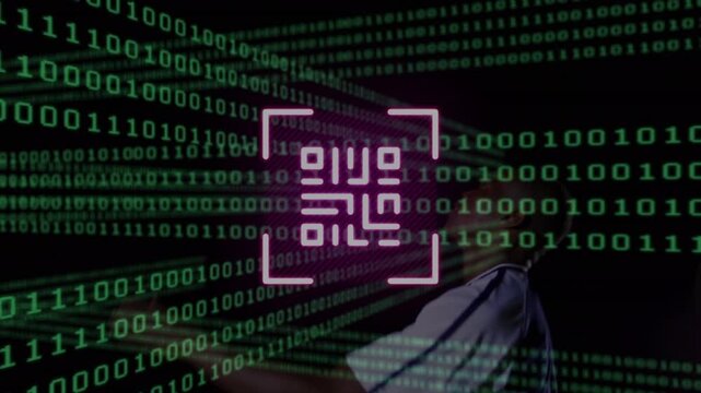 Neon qr code and binary coding over african american male soccer player bicycle kicking the ball