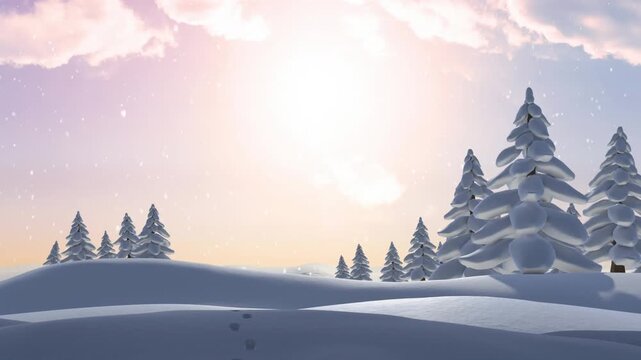 Animation of snow falling over trees on winter landscape