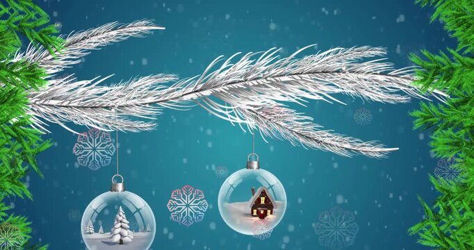 Animation of christmas baubles decoration with snow falling on blue background