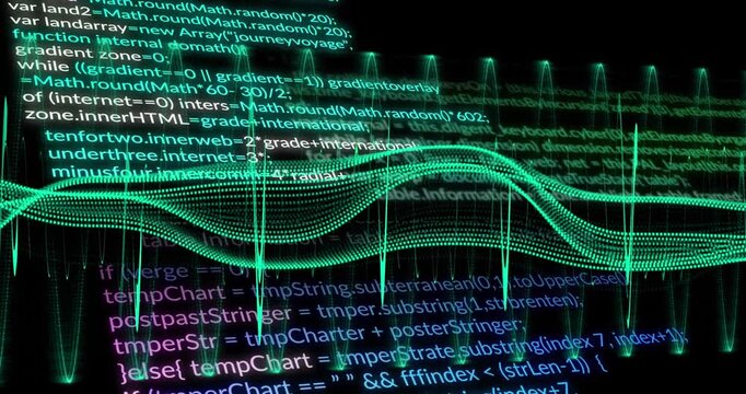 Animation of circles around digital spiral pattern over programming language on black background