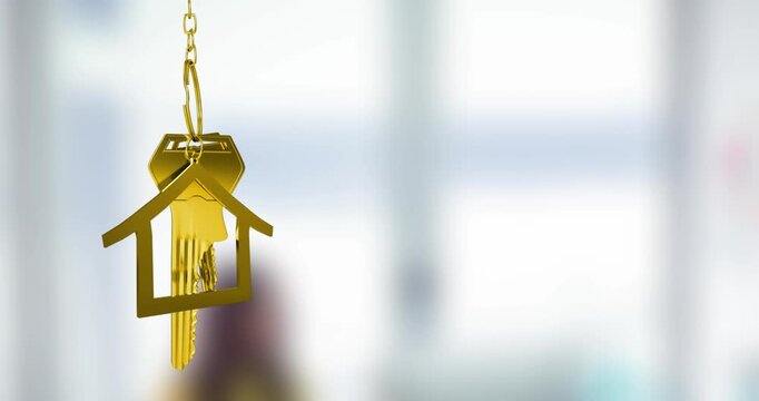 Animation of key with house keychain over blurred background