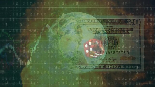 Animation of financial data processing with dice and globe over dollar bill and fire