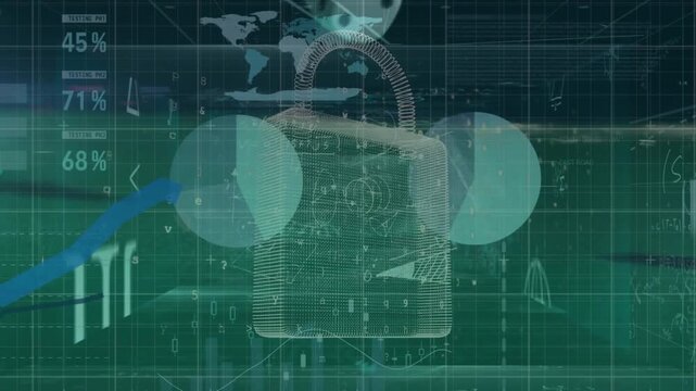 Animation of data processing and padlock over dices
