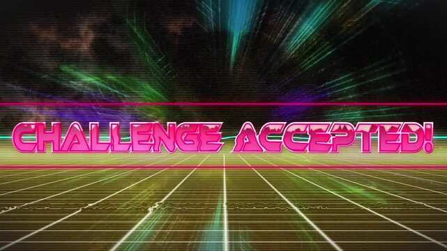 Animation of challenge accepted text banner over golden grid network against colorful digital waves
